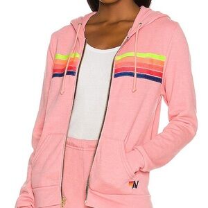 Aviator Nation 5 Stripe Zip Hoodie in Petal & Neon Rainbow